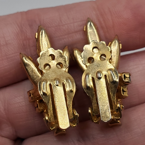 Vintage Juliana clip earrings navette Rhinestones flower pots 50's 60's Glam - Picture 6 of 7